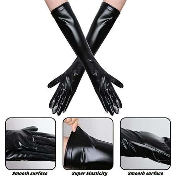 Women's Black Faux Leather Sexy Wet Look  Nylon  Adult Latex  Long  Gloves - Picture 5 of 7